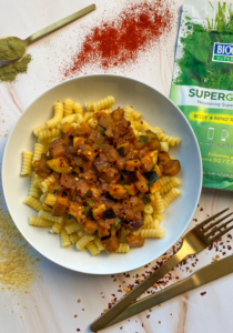 Aubergine and courgette ragu with Supergreens